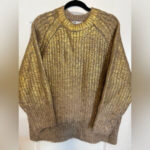 Zara Oversized Metallic Gold Crackle Knit Sweater for women